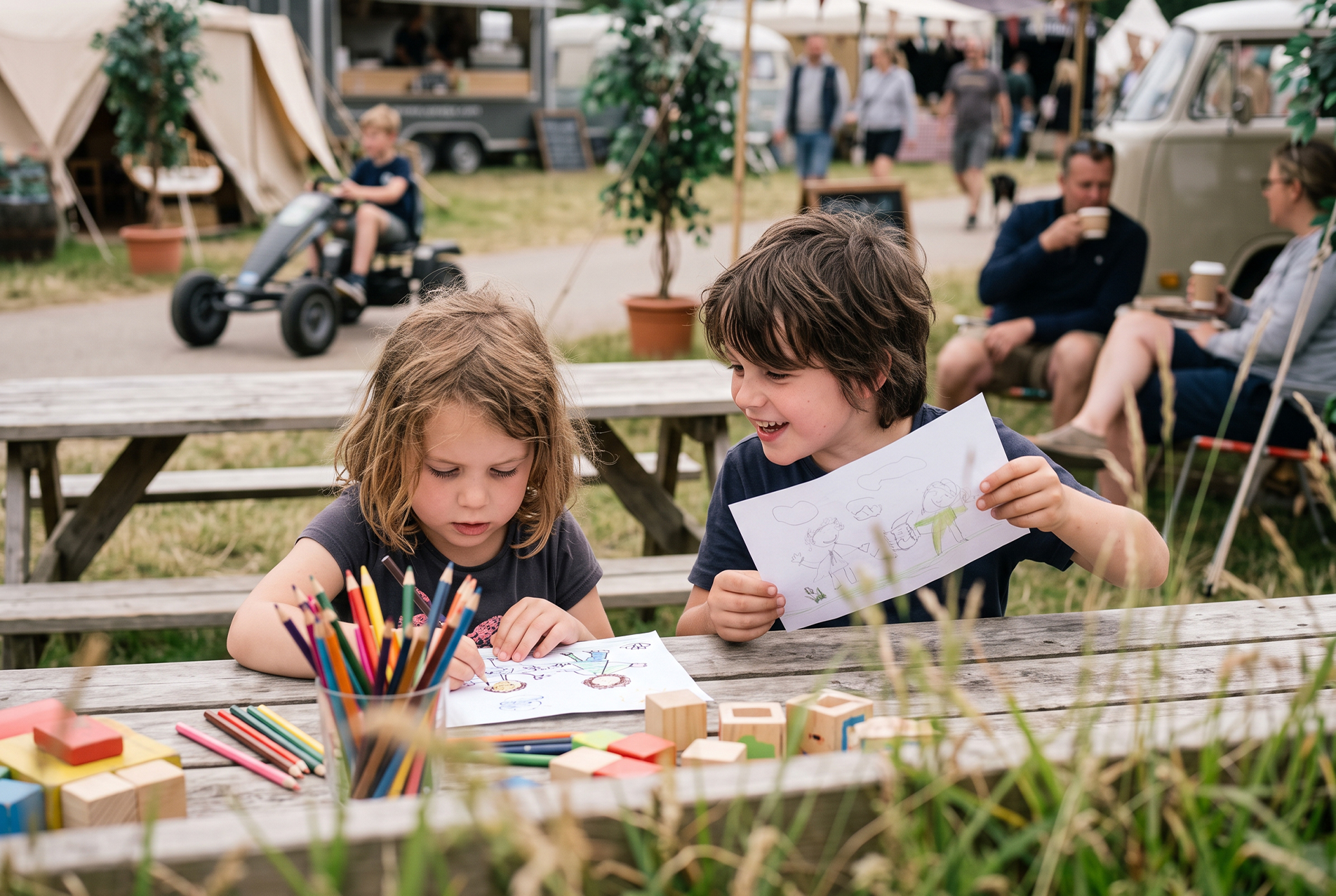 Kinderen tekenen en knutselen aan een picknicktafel in Het Utrechtse Kampeerdorp.