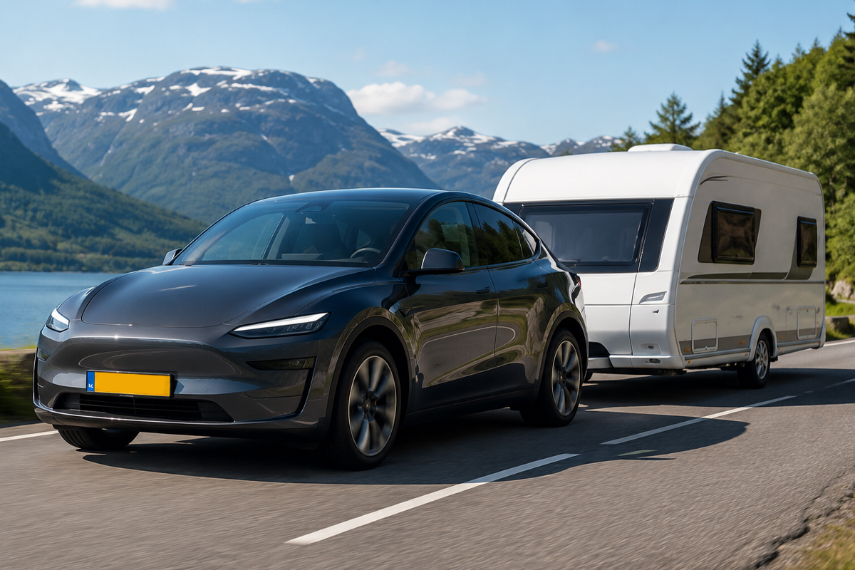 Elektrische auto met caravan onderweg door een bergachtig landschap