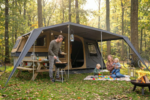 PureCamp vouwwagen in bos op grasveld met gezin met 2 kleine kindjes