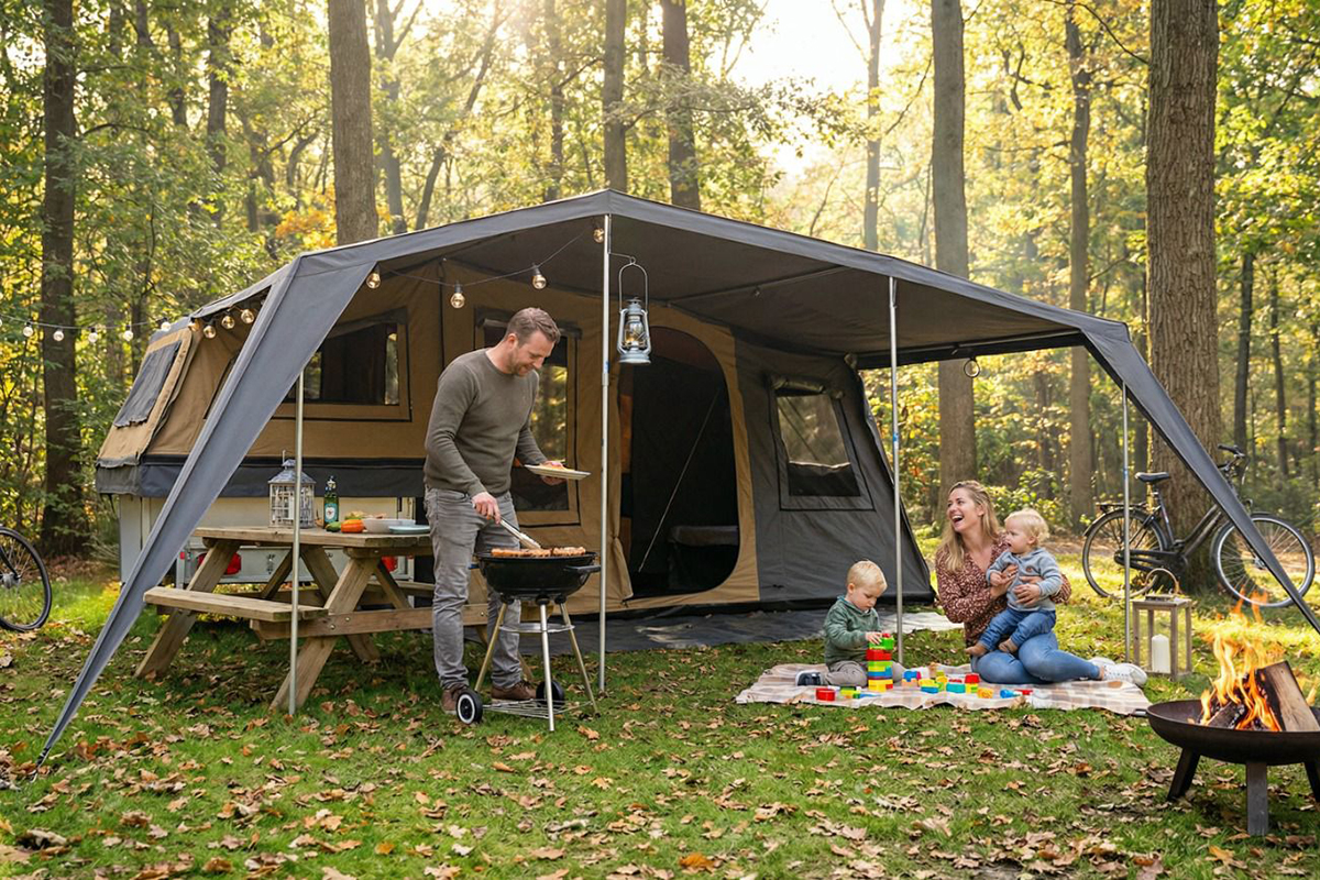 PureCamp vouwwagen in bos op grasveld met gezin met 2 kleine kindjes
