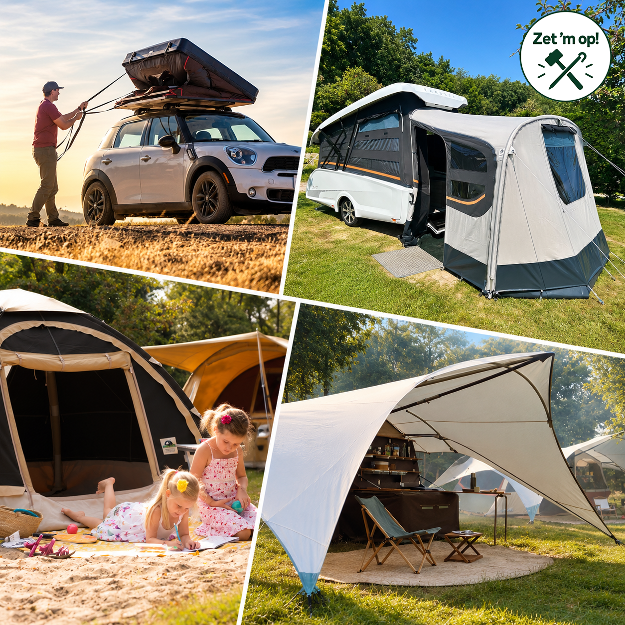 Collage van verschillende kampeeropstellingen voor de workshop ‘Zet ’m op’ in Het Utrechtse Kampeerdorp, met een daktent, caravan met voortent, familietent en luifel.